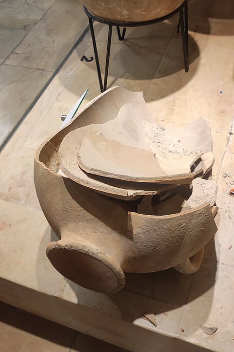 This undated image provided by the Hecht Museum of the University of Haifa shows a rare bronze-era jar that was accidentally smashed by a four-year-old child during a visit in the museum in Haifa, Israel